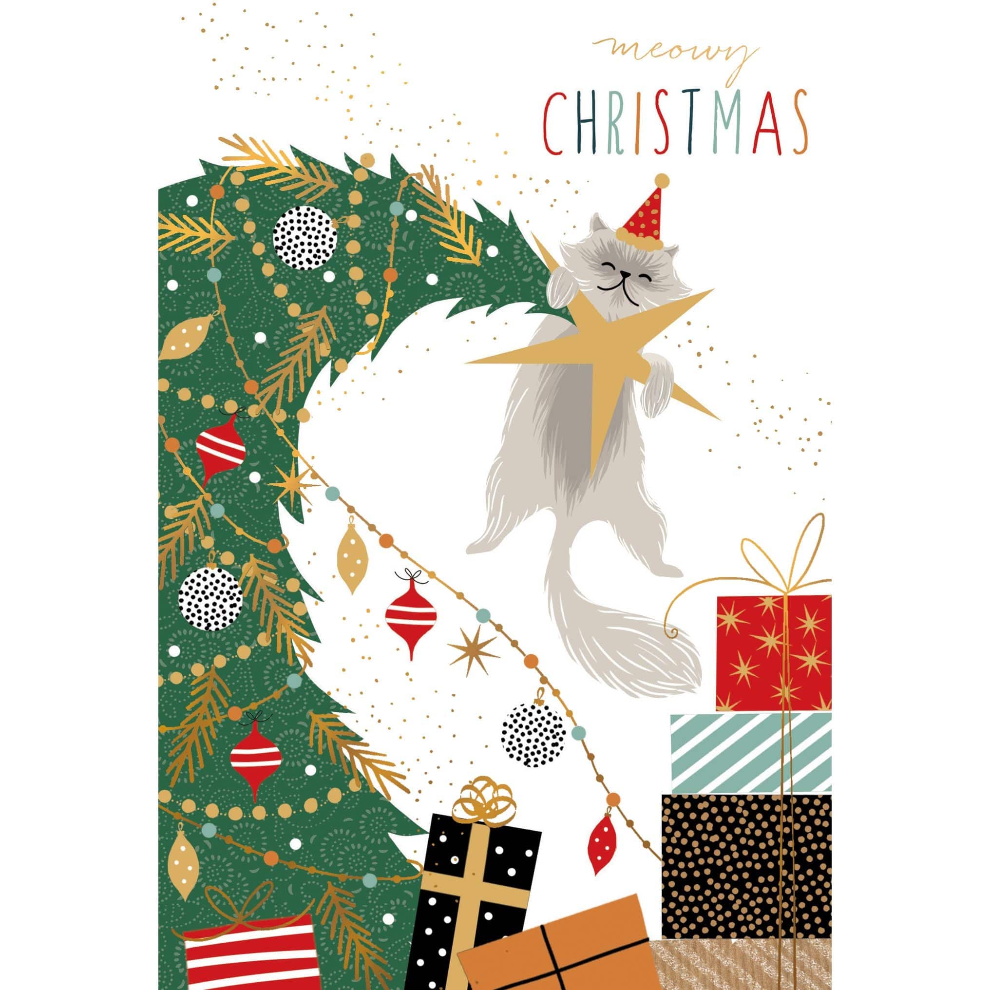 Christmas cat greeting card featuring festive holiday design with a cat illustration from Sara Miller for the Pictura seasonal collection.